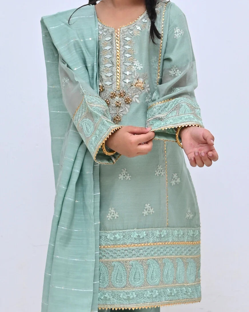 HH-809-Mint Green Embroidered Dress β Elegant Kids Traditional Wear