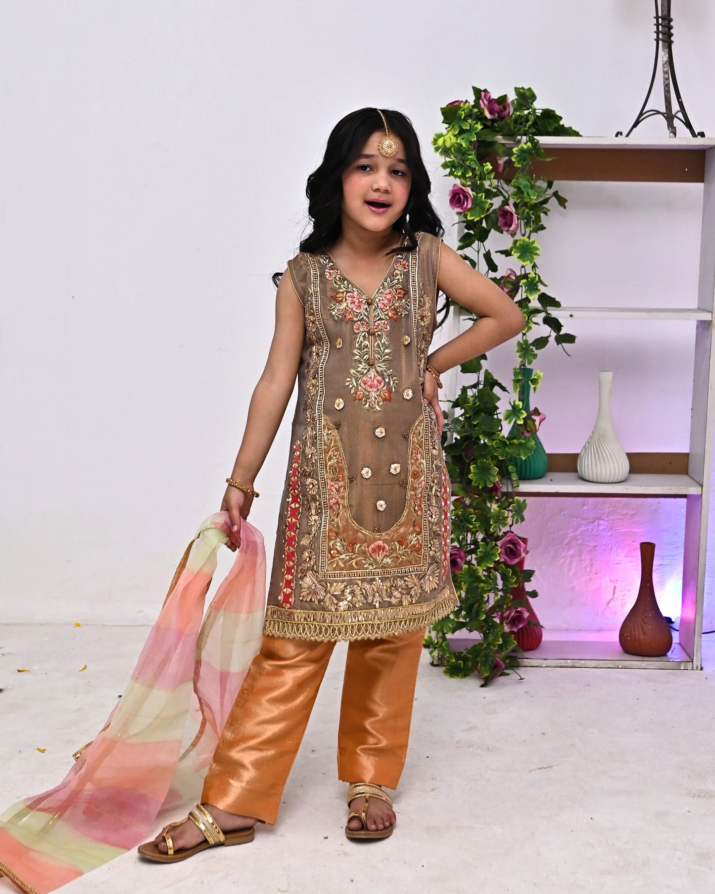 HH-733-Beige Embroidered Dress with Golden Detailing – Traditional Kids Wear