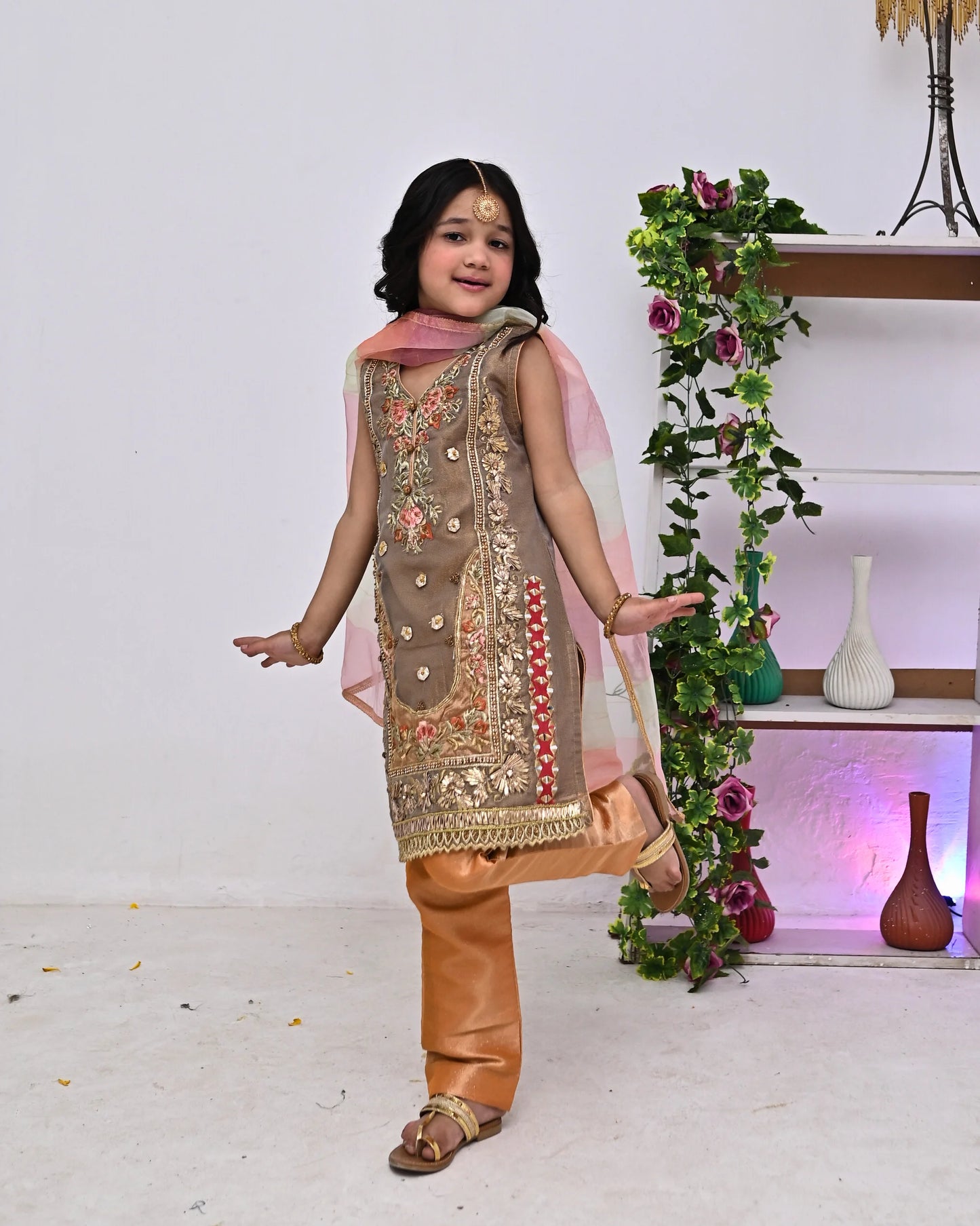 HH-733-Beige Embroidered Dress with Golden Detailing – Traditional Kids Wear