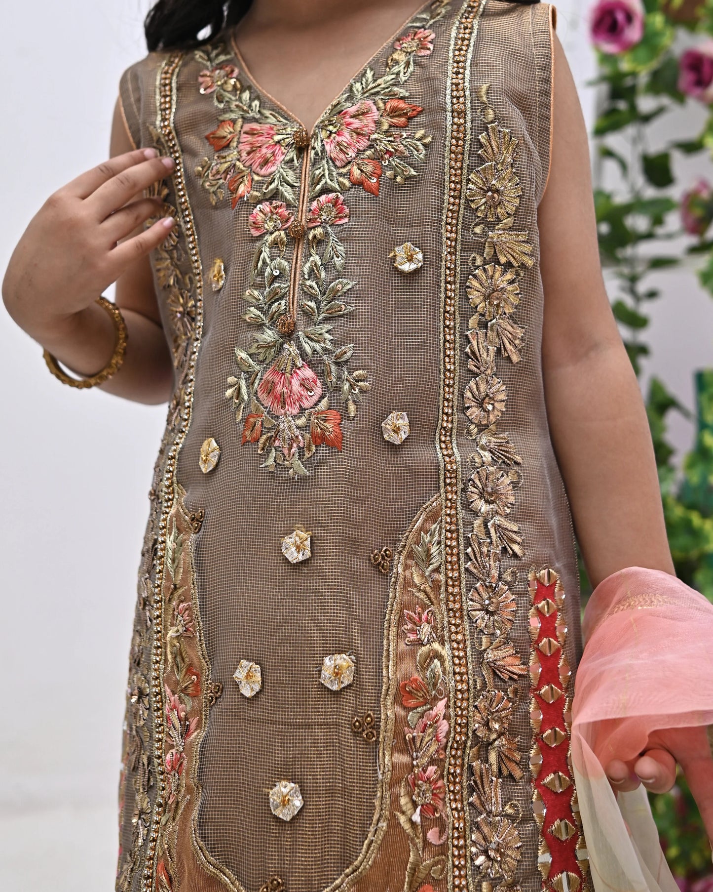 HH-733-Beige Embroidered Dress with Golden Detailing – Traditional Kids Wear