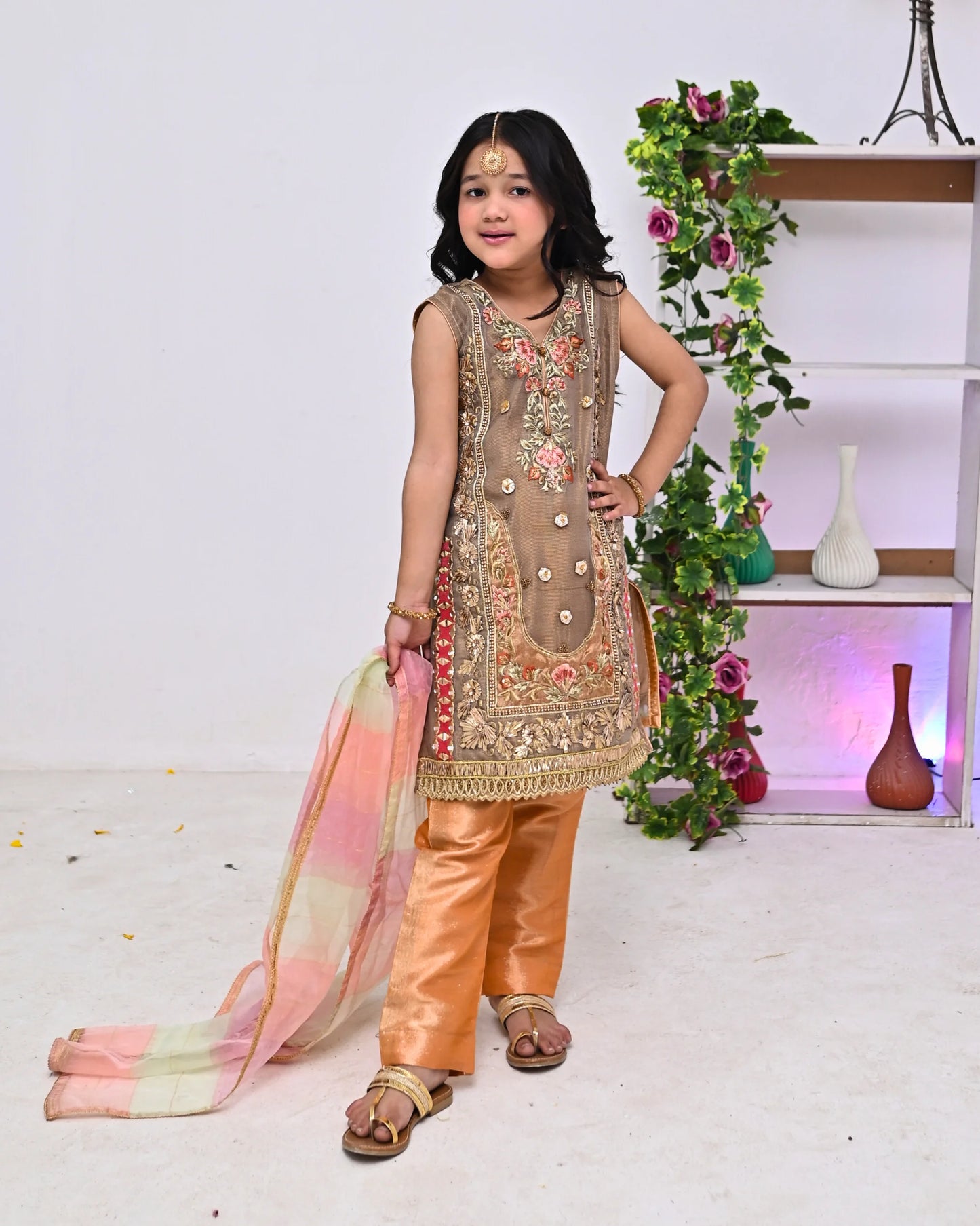 HH-733-Beige Embroidered Dress with Golden Detailing – Traditional Kids Wear