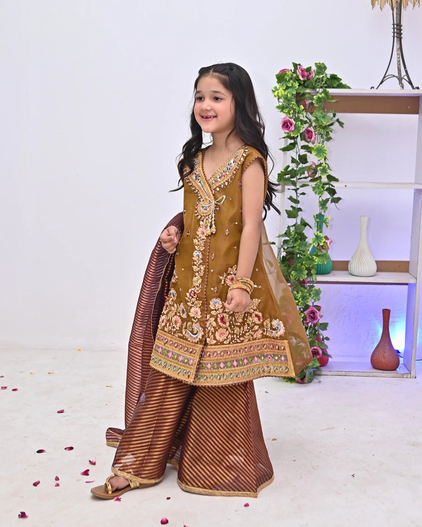 HH-761-Charming Brown Floral Embellished Dress – Elegant Traditional Wear