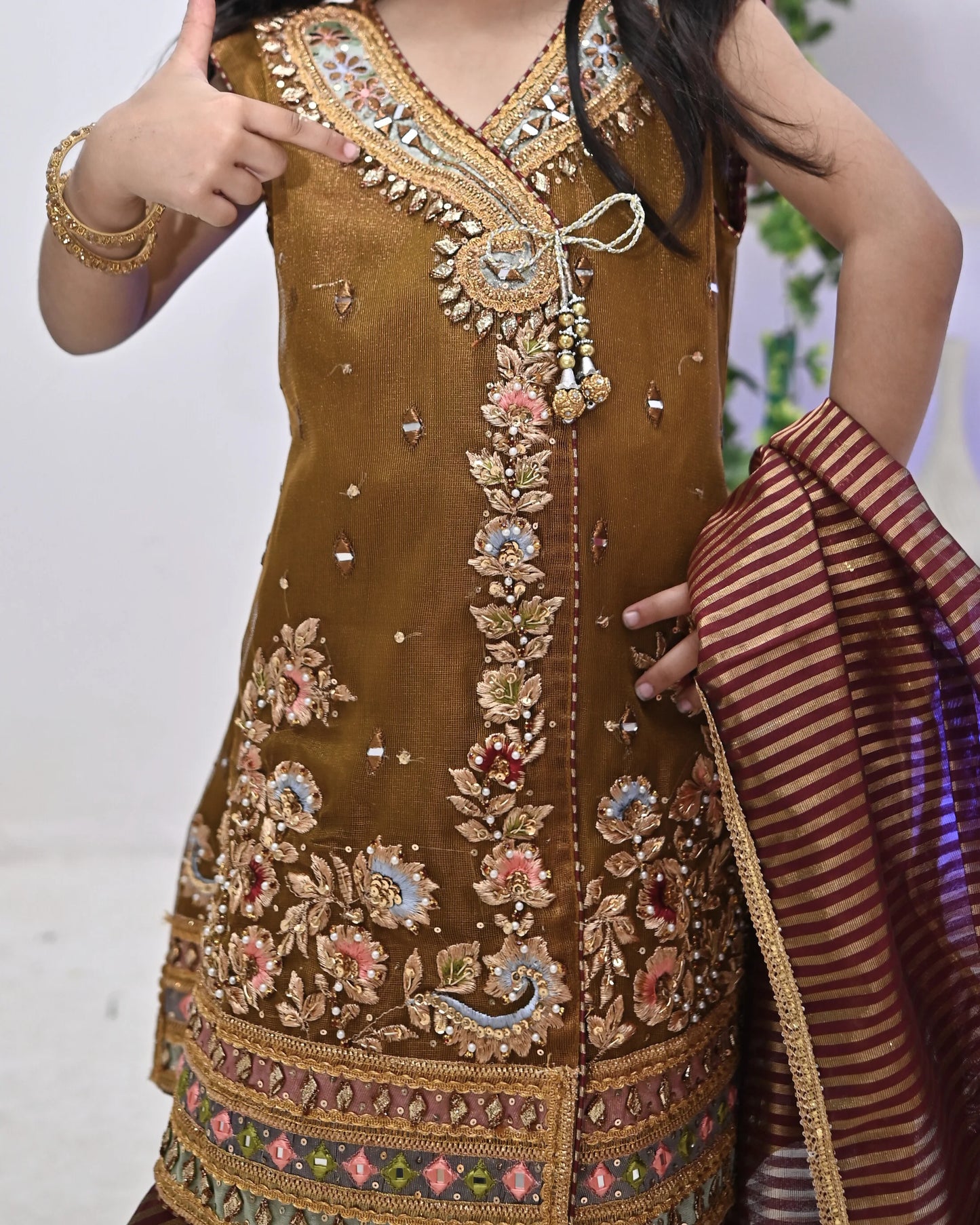 HH-761-Charming Brown Floral Embellished Dress – Elegant Traditional Wear