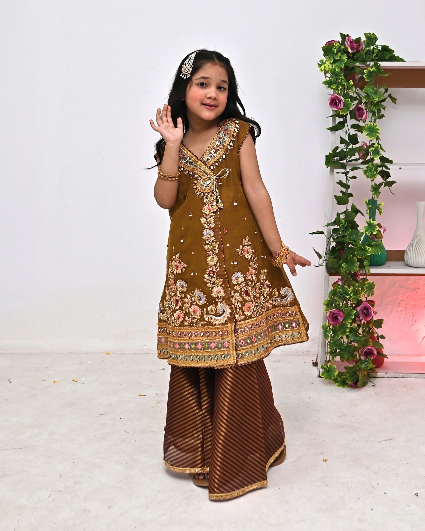 HH-761-Charming Brown Floral Embellished Dress – Elegant Traditional Wear