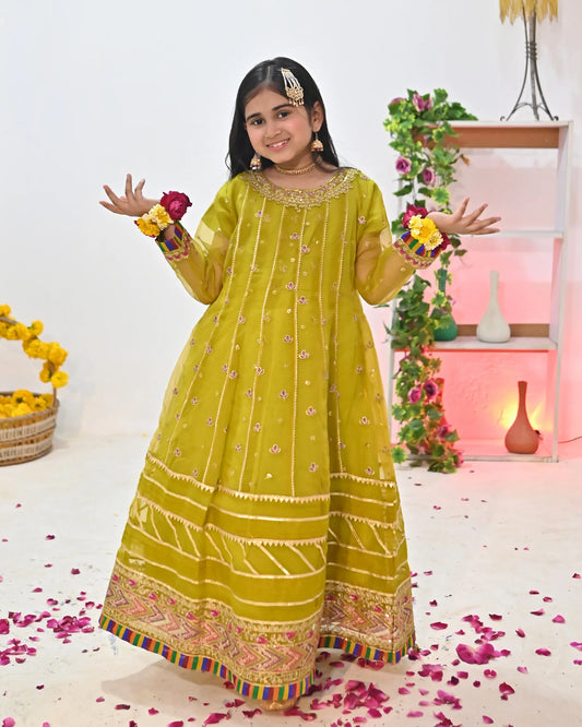 HH-786-Vibrant Yellow Traditional Dress with Floral Embellishments