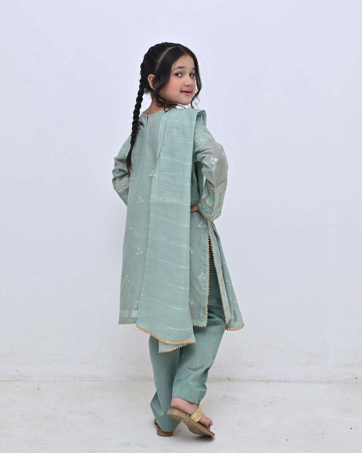 HH-809-Mint Green Embroidered Dress – Elegant Kids Traditional Wear