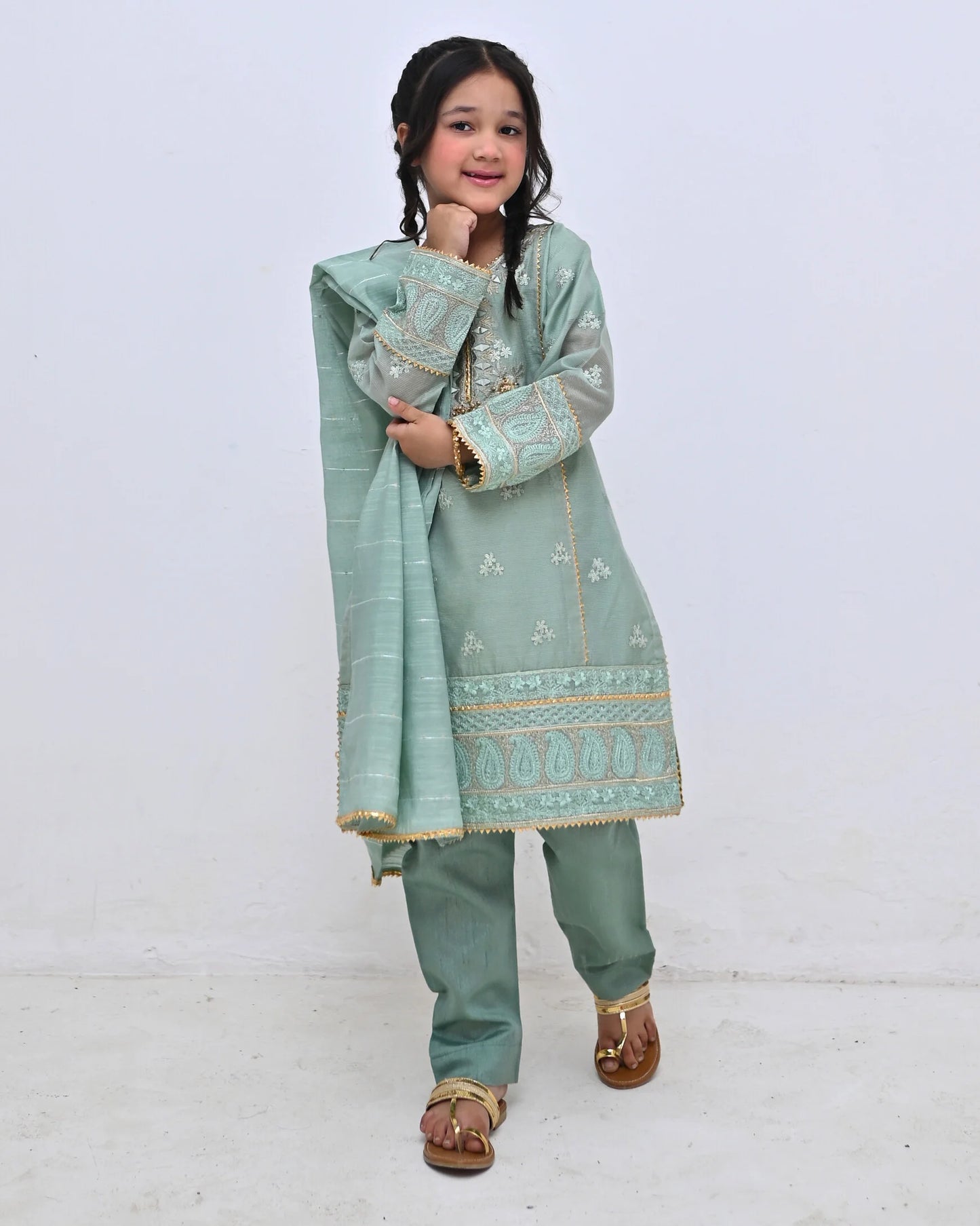 HH-809-Mint Green Embroidered Dress – Elegant Kids Traditional Wear