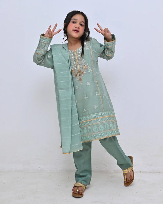 HH-809-Mint Green Embroidered Dress – Elegant Kids Traditional Wear