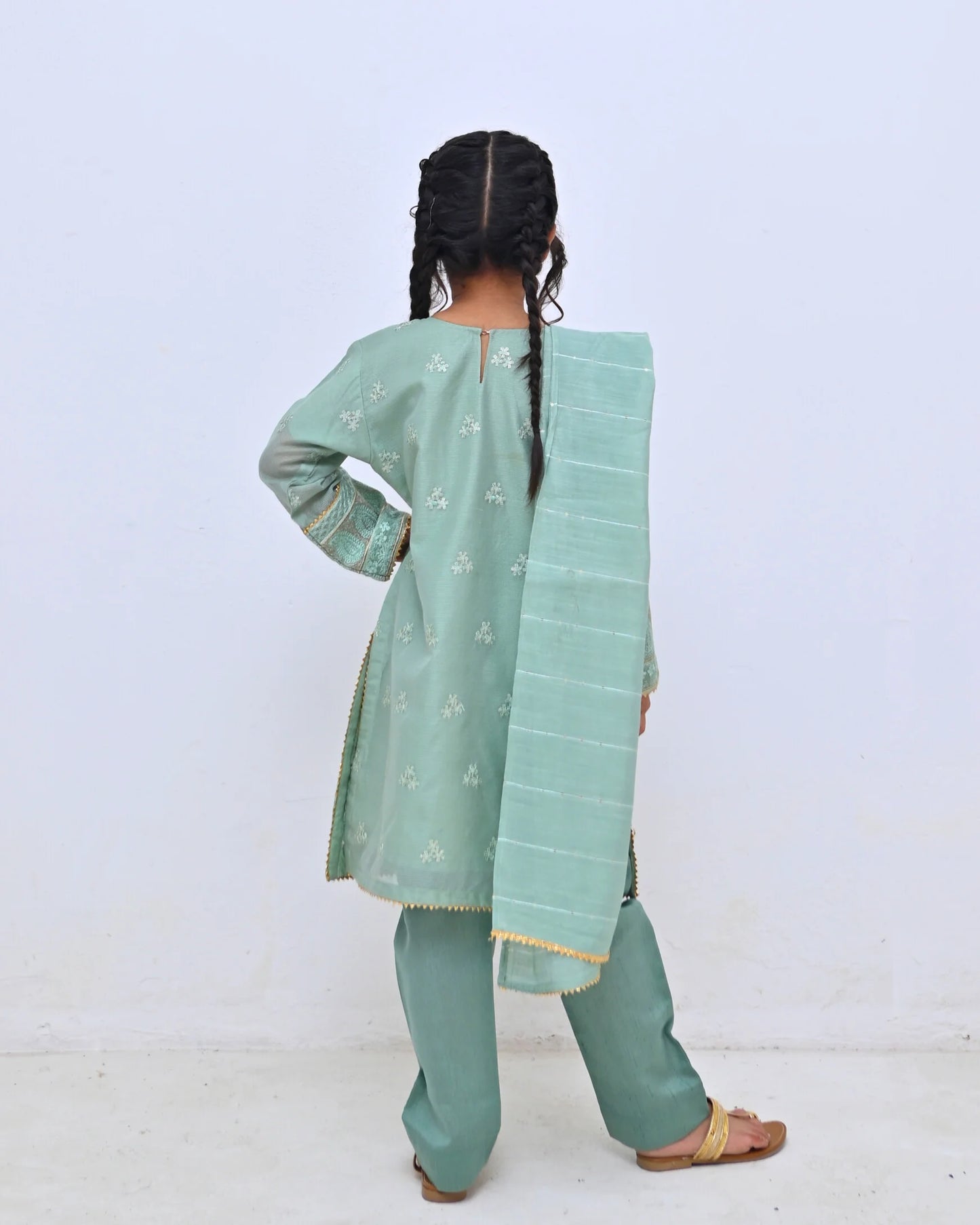 HH-809-Mint Green Embroidered Dress – Elegant Kids Traditional Wear
